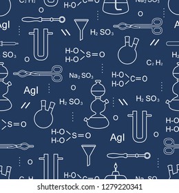 Scientific vector seamless pattern with flasks, burners, funnels, tools and formulas. Education elements. Chemistry, biology, medicine.