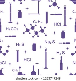 Scientific vector seamless pattern with flasks, test tubes, beakers, tools and formulas. Education elements. Chemistry, biology, medicine.