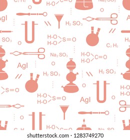 Scientific vector seamless pattern with flasks, burners, funnels, tools and formulas. Education elements. Chemistry, biology, medicine.