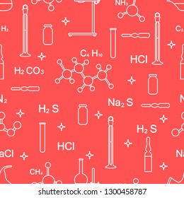 Scientific vector seamless pattern with flasks, test tubes, beakers, tools and formulas. Education elements. Chemistry, biology, medicine.