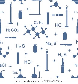 Scientific vector seamless pattern with flasks, test tubes, beakers, tools and formulas. Education elements. Chemistry, biology, medicine.