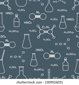 Scientific vector seamless pattern with flasks, beakers, molecule structure and formulas. Education elements. Chemistry, biology, medicine.
