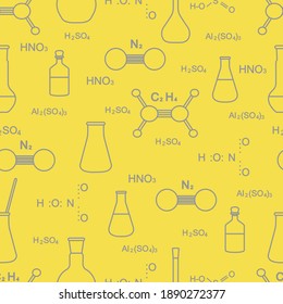 Scientific vector seamless pattern with flasks, beakers, molecule structure and formulas. Education elements. Chemistry, biology, medicine. Illuminating and Ultimate Gray.