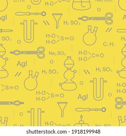 Scientific vector seamless pattern with flasks, burners, funnels, tools and formulas. Education elements. Chemistry, biology, medicine. Illuminating and Ultimate Gray.