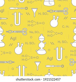 Scientific vector seamless pattern with flasks, burners, funnels, tools and formulas. Education elements. Chemistry, biology, medicine. Illuminating and Ultimate Gray.
