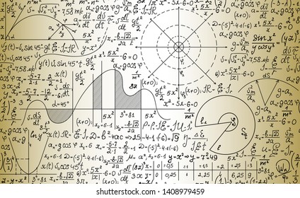 Scientific vector seamless pattern with handwritten math equations, formulas and calculations, "handwritten on the old yellow paper" effect