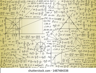 Scientific vector seamless pattern with handwritten mathematical formulas, geometrical figures and equations, old paper effect