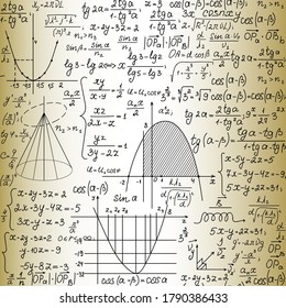 Scientific vector seamless pattern with handwritten math formulas, figures, calculations, "handwritings on the old paper" 