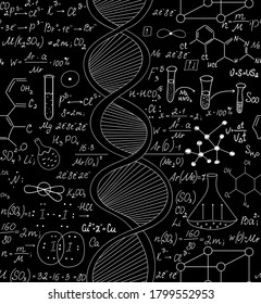 Scientific vector seamless pattern with handwritten dna, formulas and equations