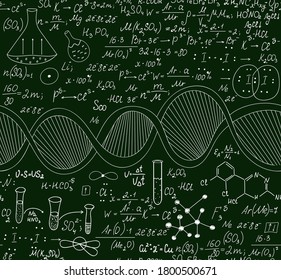 Scientific vector seamless pattern with handwritten dna, formulas and equations