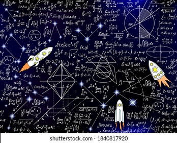 Scientific vector seamless pattern with handwritten physical and mathematical formulas, rockets and calculations