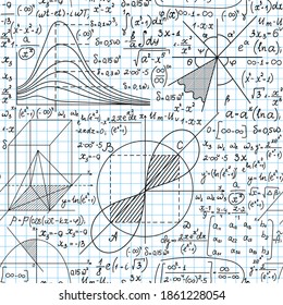 Scientific vector seamless pattern with handwritten formulas, calculations and figures on grid copybook paper