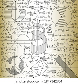 Scientific vector seamless pattern with handwritten math formulas, figures and equations, old paper effect