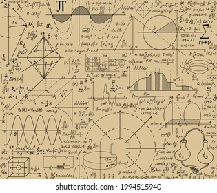 Scientific vector seamless pattern "handwritten on the old grey paper" with physical and math formulas, figures and task solutions