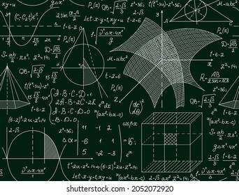 Scientific vector seamless pattern with handwritten physics and math formulas, figures and calculations