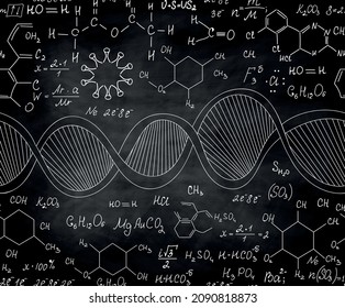 Scientific vector seamless pattern with handwritten dna, formulas and equations