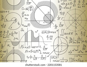 Scientific vector seamless pattern "handwritten on the old yellow paper" with physical and math plots, equations and formulas, figures and task solutions