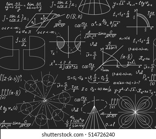 Scientific vector seamless pattern with handwritten math and physical formulas, figures, plots, problem solutions and calculations, chalk on grey board effect 