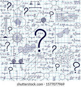 Scientific vector seamless pattern with math and physics figures, plots, formulas, equations and question marks