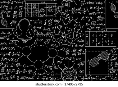 Scientific vector seamless pattern with math and chemical formulas, figures and plots handwritten on school blackboard with chalk
