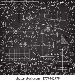 Scientific Vector Seamless Pattern With Math And Physics Formulas, Calculations, Equations, Handwritten With Chalk On A Grey Blackboard