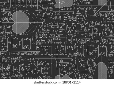 Scientific vector seamless pattern with math plots, formulas and calculations, chalk on grey board