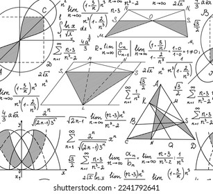 Scientific vector seamless pattern with math formulas, calculations and geometrical figures handwritten on a white sheet of paper