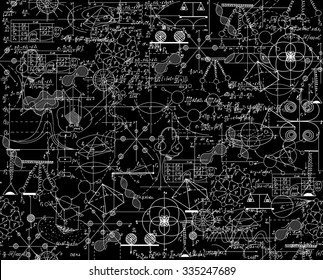 Scientific vector seamless pattern with math and physical formulas, chemistry plots and graphic schemes, shuffled together. Endless math texture. You can use any color of background