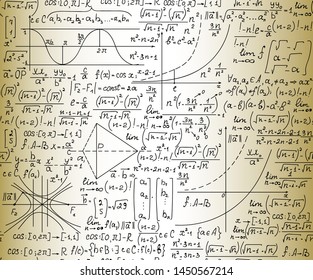 Scientific vector seamless pattern with mathematical and physical plots, calculations and formulas, "handwriten on the old paper" effect 