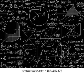 Scientific vector seamless pattern with mathematical formulas, figures and plots