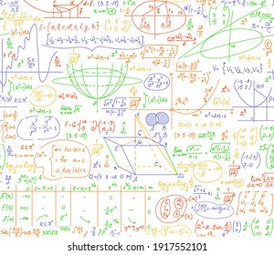 Scientific vector seamless pattern with mathematical formulas, calculations and plots, different colors