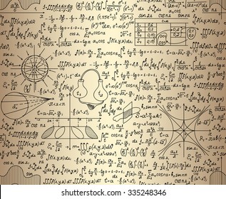 Scientific vector seamless pattern with physical and mathematical drawings, task solutions, plots, designs, formulas, "handwritten on the old paper" 
