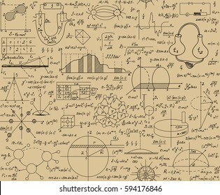 Scientific vector seamless pattern with physical and math formulas, figures, task solutions, plots and calculations, "handwritten on the old grey paper"