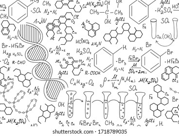 Scientific vector seamless pattern with plots, chemistry formulas and other laboratory equipment