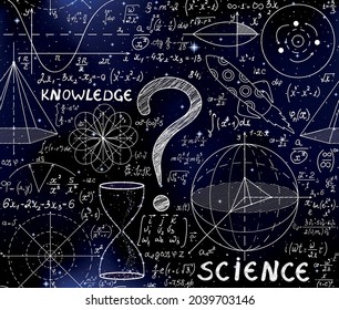 Scientific vector seamless with question marks and math figures, equations, formulas and the words "Science" and "Knowledge"