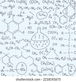 Scientific vector seamless texture with chemical formulas, equations, viruses and dna, handwritten on a grid copybook paper