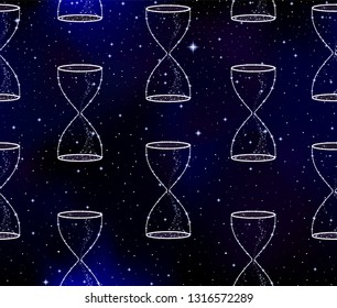 Scientific vector seamless texture with hourglasses made of stars on the outer space background