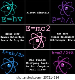 Scientific vector showing key scientists and formulas of quantum Physics