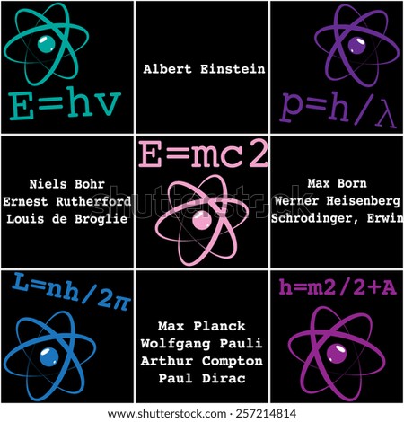 Scientific vector showing key scientists and formulas of quantum Physics