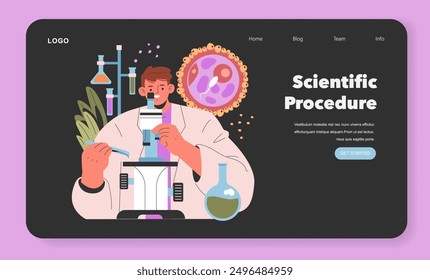 Scientific website landing page illustration featuring a researcher using a microscope with lab equipment. Digital learning and innovation in science. Vector illustration.