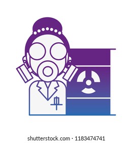 scientific woman with protection mask radiation barrel hazard