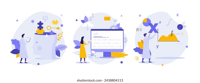 Scientific world cognition flat concept vector illustrations set. Psychology, data science and mathematics cartoon composition. Knowledge explore creative idea for website, presentation
