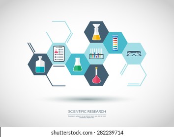 Scientificconcept. Chemical banner, background, cover. Chemical icons. Flat design. vector illustration