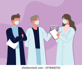 scientifics analysing samples laboratory flasks