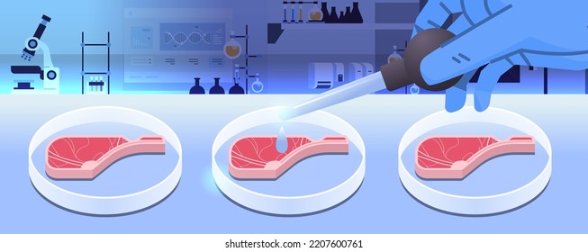 scientist adding drop of liquid from flask in petri dish with beef steak cultured raw red meat made from animal cells