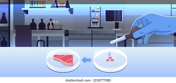 scientist adding drop of liquid from flask in petri dish with beef steak cultured raw red meat made from animal cells