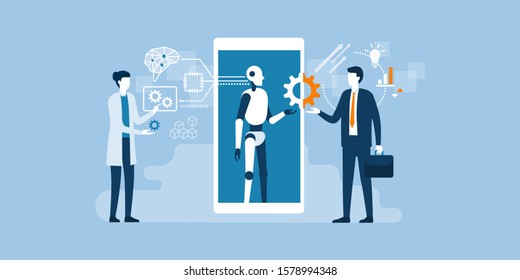 Scientist, AI robot and businessman working together: artificial technology, engineering and business concept