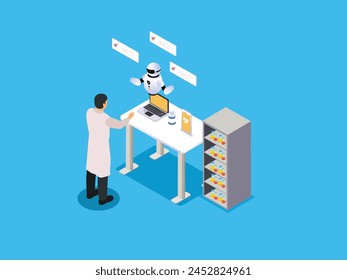 Scientist with AI working on medical research 3d isometric vector illustration