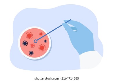 Scientist analyzing bacteria organism flat vector illustration. Petri dish with microorganisms. Microbiology, laboratory, biology, research concept for banner, website design or landing web page