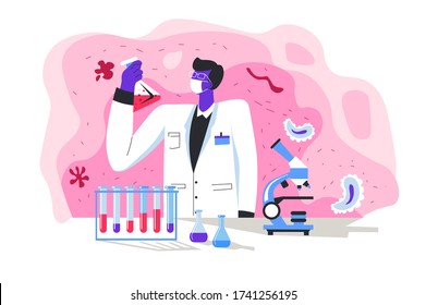 Scientist analyzing bacteria or virus in laboratory. Researcher working on finding vaccine, biochemistry or biological studies. Hospital or clinics lab with professional and test tubes, vector